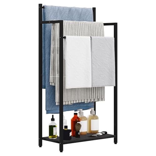 Freestanding Towel Rack, 3 Tier Blanket Ladder Stand with Black Wooden Shelf for Bathroom Living Room (31.5" H x 16.9" W x7.9 D) - color: Black, size: 31.5"H x 16.9"W x7.9"D