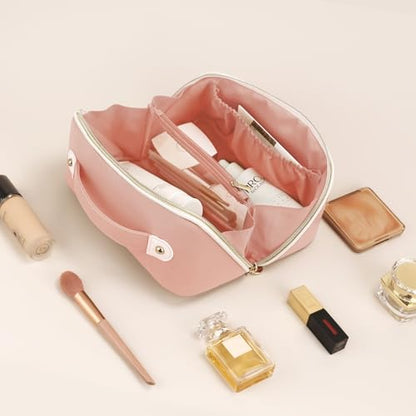 Prite Makeup Bag for Women Travel Waterproof Vegan Leather Cosmetic Bag Open Flat Toiletry Bag With Clear Divider and Handle (Pink, Medium) - color: Pink, size: Medium