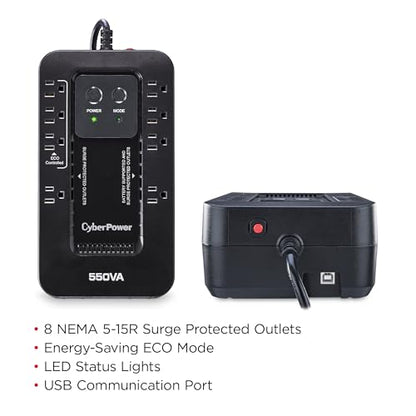 CyberPower EC550G Ecologic UPS Battery Backup and Surge Protector, 550VA/330W, 8 Outlets, ECO Mode, Compact, UL Certified - style: 550VA