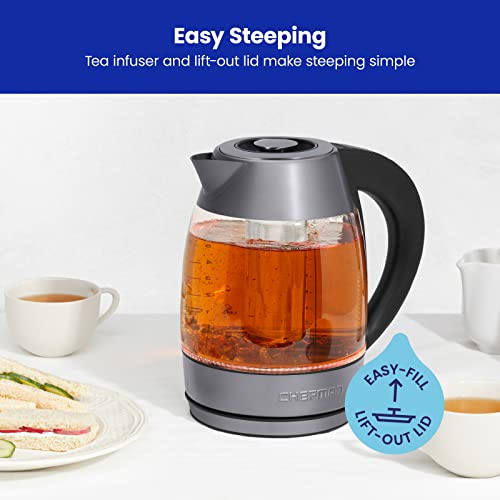 Chefman Digital Electric Kettle with Rapid 3 Minute Boil Technology, Custom Steep Timer & Temperature Presets, Bonus Tea Infuser, Rust & Discoloration Proof, 1.8 Liter, Grey, 1500W - color: Grey, style: Glass with Tea Infuser
