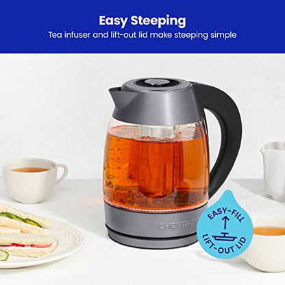 Chefman Digital Electric Kettle with Rapid 3 Minute Boil Technology, Custom Steep Timer & Temperature Presets, Bonus Tea Infuser, Rust & Discoloration Proof, 1.8 Liter, Grey, 1500W - color: Grey, style: Glass with Tea Infuser