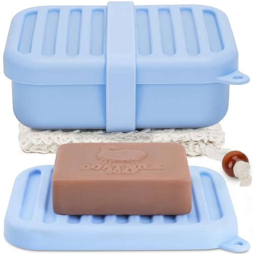 Superior Leak-Proof Silicone Bar Holder and Soap Case | Travel Container with Lid & Drain Tray | Includes Silicone Strap & Sisal Soap Bag | for Camping, Gym, and Travel Size Toiletries(Light-Blue) - color: Light-blue