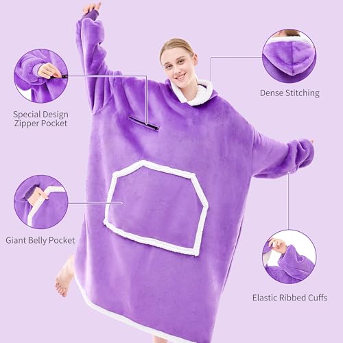 IFNOW Wearable Blanket Hoodie, Oversized Sherpa Fleece Hooded Sweatshirt with Eye Mask, Cozy and Giant Blanket Hoodie with Sleeves Extra Long for Adults Men Women, Purple - color: Purple, size: Adult