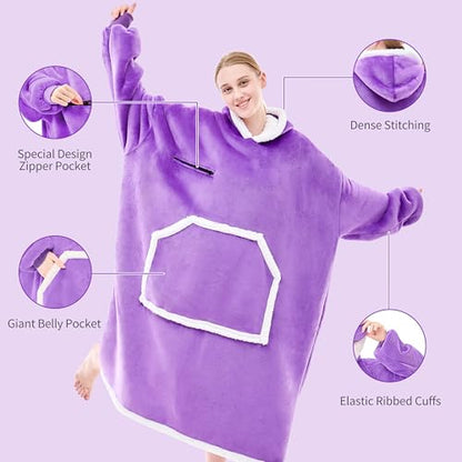 IFNOW Wearable Blanket Hoodie, Oversized Sherpa Fleece Hooded Sweatshirt with Eye Mask, Cozy and Giant Blanket Hoodie with Sleeves Extra Long for Adults Men Women, Purple - color: Purple, size: Adult