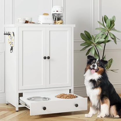 Dog Feeding Station with Storage, Metal Dog Food Storage Cabinet with 2 Elevated Bowls and 3 Hooks, Pet Feeding Station and Dogs Food Storage Organizer, White - size: Metal White