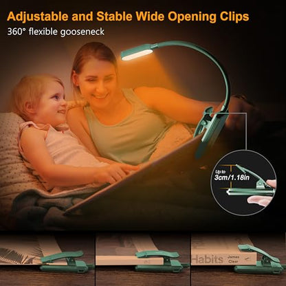 Gritin 16 LED Rechargeable Book Light for Reading in Bed- Eye Caring 3 Color Temperatures, Stepless Dimming Brightness, 80 Hrs Runtime, Lightweight Flexible Clip on Light for Book Lovers-Green | Eye Caring 3 Color Temperatures, Stepless Dimming Brightness