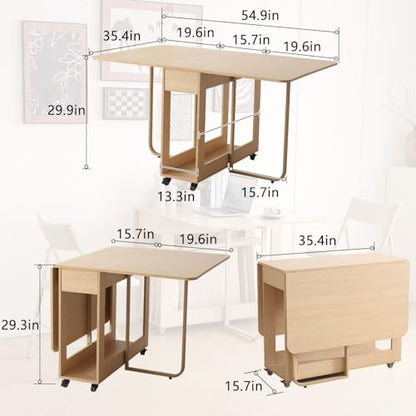 Folding Dining Room Table for 4/6 with 35.4" Extra Wide Space Saving Drop Leaf Table with Lockable Wheels & Storage, Heavy Duty Eco Solid Wood Top 300lb, Convertible Desk for Apartments/RV/Home Office - color: Wood