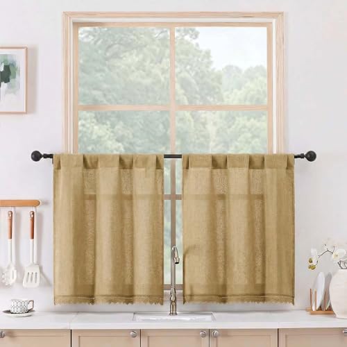 Chyhomenyc Boho Lace Kitchen Curtains 24 Inch Length - Light Filtering Faux Linen Vintage Half Window Cafe Curtains, Short Curtain Tiers for Bathroom RV Camper, 26Wx24L, 2 Pieces, Gold - color: Gold, size: 26"W x 24"L (Pack of 2)