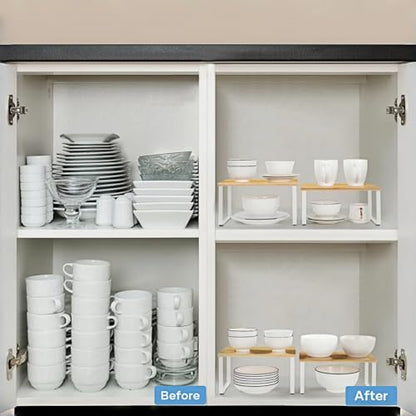 NEX Bamboo Kitchen Cabinet and Counter Shelf Organizer, Stackable & Expandable, Set of 4, White and Natural - color: Cloud White + Natural Beige, size: 11.7''W
