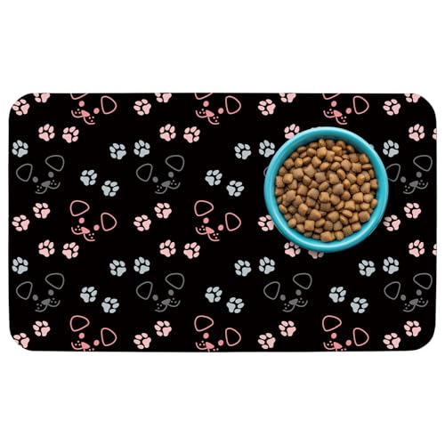 Patterned Cat & Dog Bowl Mat for Food and Water, 12"×20" Quick Dry Absorbent Pet Feeding Mat, Eco-Friendly Dog Placemat - color: Black-dog, size: Small (12" x 20")