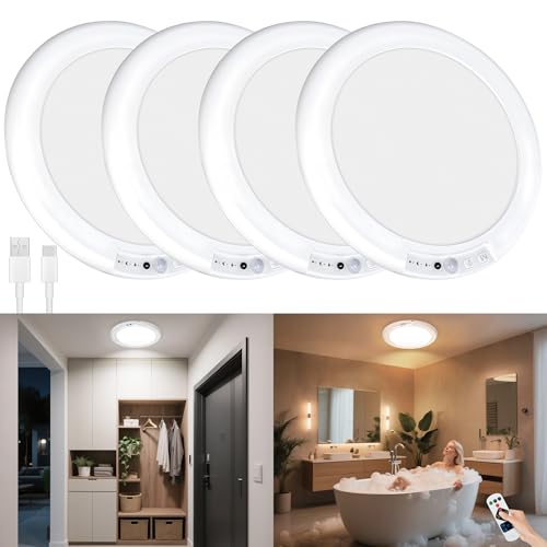 maylit 4 Pack Rechargeable Ceiling Lights, Motion Sensor Lights No Wiring, Wireless Closet Lights Battery Operated, for Bathroom Laundry Room Kitchen Porch Stair Hallway Shower Pantry Garage - color: 3 Color Temperatures, size: 4 Pack