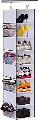 MISSLO 8-Shelf Hanging Shoe Organizer Clothes Closet Organizers and Storage Shelves Hat Holder with Large Shelf and Side Mesh Pockets for Hats Handbags Kid Sweater (White)