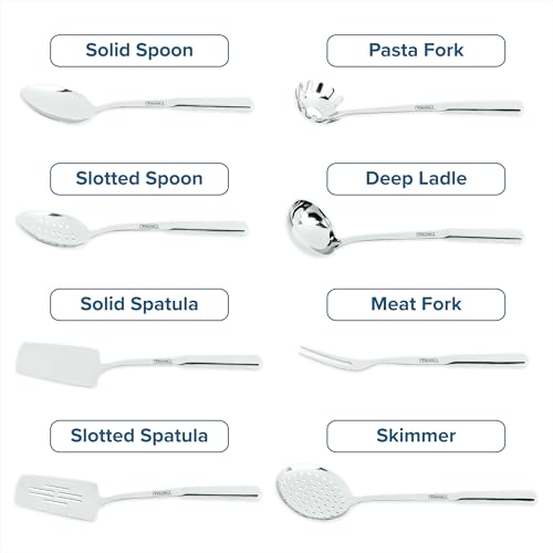 Viking Kitchen Utensils Set, 8 Piece Stainless Steel Cooking Utensil Set, Includes Spatulas, Spoons, Pasta Fork, Deep Ladle, Meat Fork, and Skimmer, Silver - style: 8-Piece Set