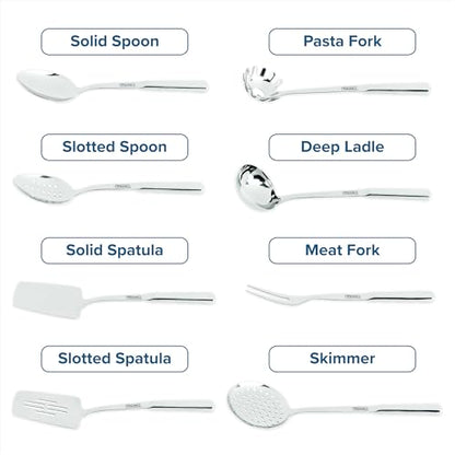 Viking Kitchen Utensils Set, 8 Piece Stainless Steel Cooking Utensil Set, Includes Spatulas, Spoons, Pasta Fork, Deep Ladle, Meat Fork, and Skimmer, Silver - style: 8-Piece Set