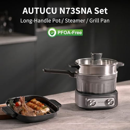 N73SNA Hot Pot Electric Nonstick, PFOA-Free Multi-Cooker 2.5 Quart Grill Steamer Set, Portable Hot Pot for Fried Rice, Oatmeal, Steak, Soup, Egg, Ramen with Power Adjustment - size: Long-Handle Pot