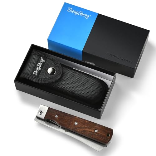 ZhengSheng Folding Chef Knife with Nylon Pouch 4.8" Sharp 440A Stainless Steel Blade Wooden Handle Pocket Foldable Japanese Style Kitchen Knife for Outdoor Camping Cooking - color: #6 Natural wooden Handle - Black Nylon Pouch
