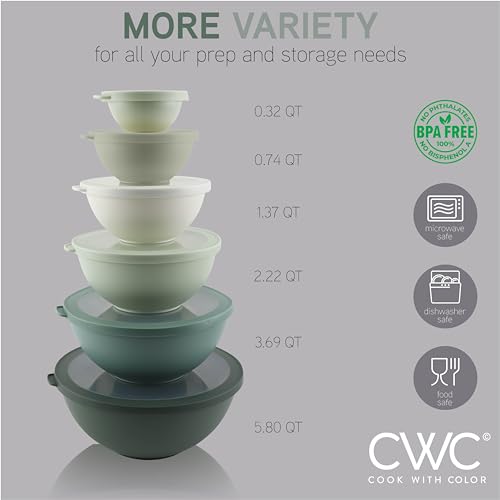 COOK WITH COLOR Mixing Bowls with TPR Lids - 12 Piece Plastic Nesting Bowls Set includes 6 Prep Bowls and 6 Lids - Microwave Safe (Sage) - color: Sage TPR Lids