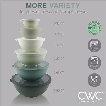 COOK WITH COLOR Mixing Bowls with TPR Lids - 12 Piece Plastic Nesting Bowls Set includes 6 Prep Bowls and 6 Lids - Microwave Safe (Sage) - color: Sage TPR Lids