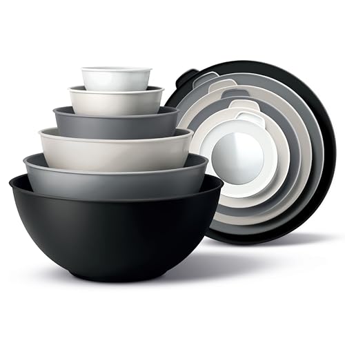 COOK WITH COLOR Mixing Bowls with TPR Lids - 12 Piece Plastic Nesting Set includes 6 Prep and Lids, Microwave Safe Bowl (Black Ombre) - color: Black Ombre TPR Lids