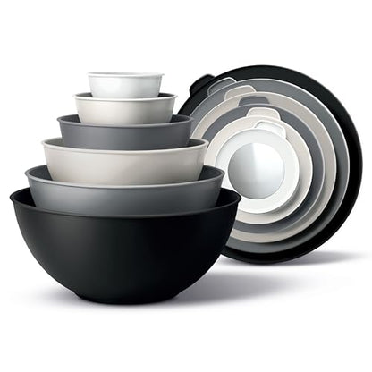 COOK WITH COLOR Mixing Bowls with TPR Lids - 12 Piece Plastic Nesting Set includes 6 Prep and Lids, Microwave Safe Bowl (Black Ombre) - color: Black Ombre TPR Lids