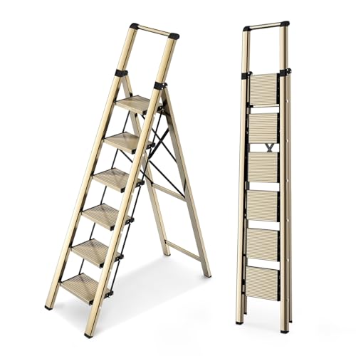 WOA WOA 6 Step Ladder, Lightweight Folding Ladder with Non-Slip Wide Pedals, Ladder with Safe Grip Handle, Easy to Open and Close, Suitable for Home and Outdoor - Brown Gold - color: Brown Gold, size: 6 step