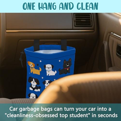 Car Garbage Bag Cartoon Dogs and Paw Prints Drawstring Car Trash Bag Hanging for Back Seat with Adjustable Buckle Canvas Vehicle Trash Can Easy-to-Install - color: Cartoon Dogs and Paw Prints
