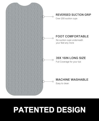 OTHWAY Bathtub Mat Non Slip, 39X16 inch Bath Mat for Tub, Machine Washable Bath Tub Mats with Reverse Suction Cups, Comfortable Rubber Bathtub Mat for Bathroom (Dark Grey) - color: B-dark Grey