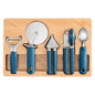 OOU Kitchen Gadget Set, 5 Piece Premium Zinc Alloy Kitchen Tools with Ergonomic TPE Handles – Includes Can Opener, Pizza Cutter, Garlic Press, Ice Cream Scoop, Peeler, and Wooden Storage Tray