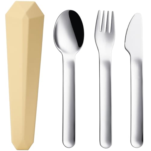 DEVICO Utensils for Lunch Box, 4Pcs Travel Silverware Set with Case, Yellow | Portable Silicone Case, 18/8 Stainless Steel Fork Spoon Knife Set for Work School Picnic, Reusable Camping Cutlery for Kids - color: Yellow