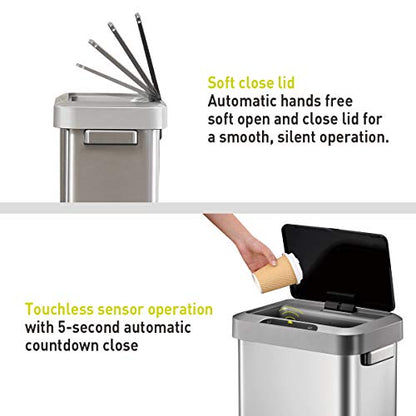 EKO EK9262MT-45L Horizon 45 Liter/11.9 Gallon Rectangular Motion Sensor Trash Can, Brushed Stainless Steel Finish - size: 45 Liter