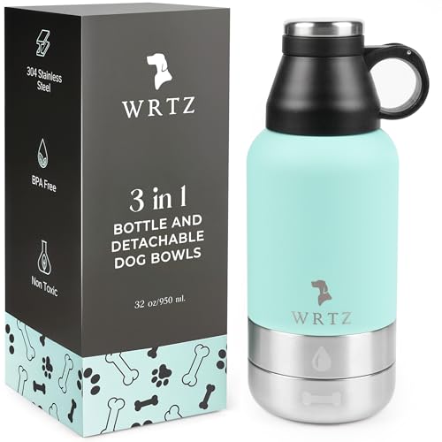 Portable Dog Water Bottle with 2 Removable Water Bowls for Dogs – Leak-Proof Insulated Stainless Steel Dog Water Bottle - Travel Accessories for Dogs - 32oz - Teal - color: Teal