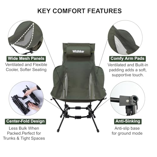 Wildhiker Compact High Back Camping Chair - Foldable with Dual Sitting Modes, Pillow, Arm Pads and Side Pockets - Lightweight Portable Chair for Motorcycle, RV, Festival, Travel - Green - color: Green