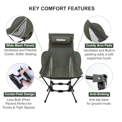Wildhiker Compact High Back Camping Chair - Foldable with Dual Sitting Modes, Pillow, Arm Pads and Side Pockets - Lightweight Portable Chair for Motorcycle, RV, Festival, Travel - Green - color: Green