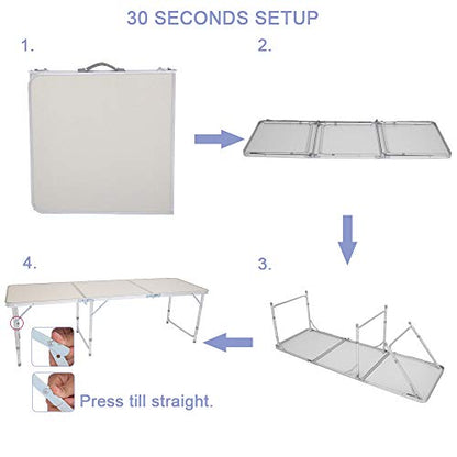 3/4/6 Foot Plastic Folding Table,Adjustable Foldable Table with Carrying Handle,Outdoor Picnic Party Table for Camping,Wedding,Kitchen,Beach,Straight Legs - White (White, 6ft) - size: 6ft