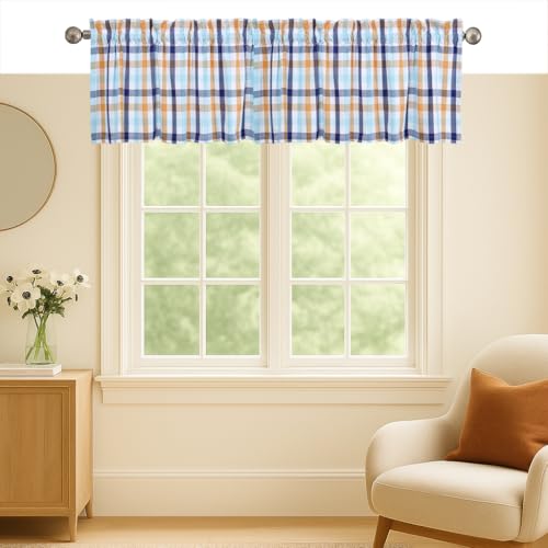 Gingham Valance Curtains, 2 Pack, 54x18 Inches, 100% Cotton Window Valances, Rod Pocket Curtain Panels for Kitchen, Bedroom, Living Room, Indigo Blue - Mustard Yellow - Aqua Blue - color: Multi Blue, Yellow, size: 18"W x 54"L (Pack of 2)