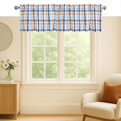 Gingham Valance Curtains, 2 Pack, 54x18 Inches, 100% Cotton Window Valances, Rod Pocket Curtain Panels for Kitchen, Bedroom, Living Room, Indigo Blue - Mustard Yellow - Aqua Blue - color: Multi Blue, Yellow, size: 18"W x 54"L (Pack of 2)