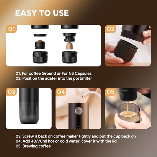 RECAFIMIL Portable 2-in-1 Coffee Maker, Portable 20 Bar Espresso Machine with Automatic Heating, Compatible with NS and Ground Coffee for Camping, Hiking Travel and Home (Black) - color: BLACK