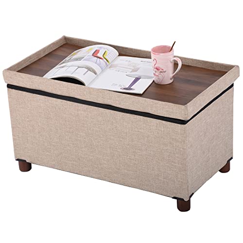 30 Inches Storage Ottoman Bench, Storage Bench with Wooden Legs for Living Room Ottoman Foot Rest Removeable Lid for Bedroom End of Bed, Linen Fabric, Folding Beige Ottoman - color: Rect Beige