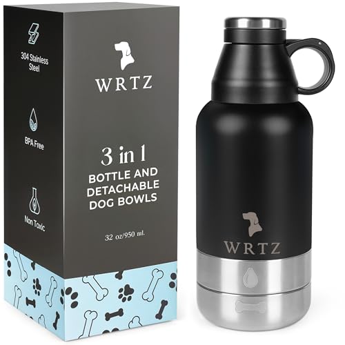 Portable Dog Water Bottle with 2 Removable Water Bowls for Dogs – Leak-Proof Insulated Stainless Steel Dog Water Bottle - Travel Accessories for Dogs - 32oz - Black - color: Black