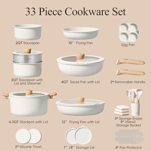 CAROTE 33pcs Pots and Pans Non Stick, Cookware Sets Detachable Handle, Induction Kitchen Pots and Pans, NonStick Cooking Set, Oven/Dishwasher/Fridge Safe, Space Saving - color: Cream White, size: 33 Piece