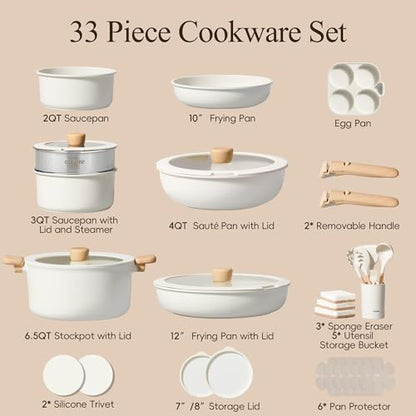 CAROTE 33pcs Pots and Pans Non Stick, Cookware Sets Detachable Handle, Induction Kitchen Pots and Pans, NonStick Cooking Set, Oven/Dishwasher/Fridge Safe, Space Saving - color: Cream White, size: 33 Piece