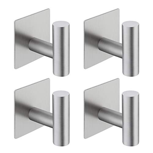 Adhesive Towel Hook 4 Pack, Bathroom Wall Hooks, Sticky Coat Hooks for Hanging, Closet, Robe Hook SUS304 Stainless Steel Brushed, BTH7204-2-P4