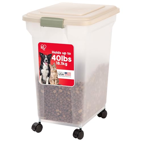 IRIS USA Airtight Dog Food Storage Container, WeatherPro, Up to 40 lbs, Removable Wheels, for Dog Cat Bird and Other Pet Food Storage Bin, Keep Fresh, Translucent Body, Made in USA, Clear/Almond - color: Almond, size: 40 lbs