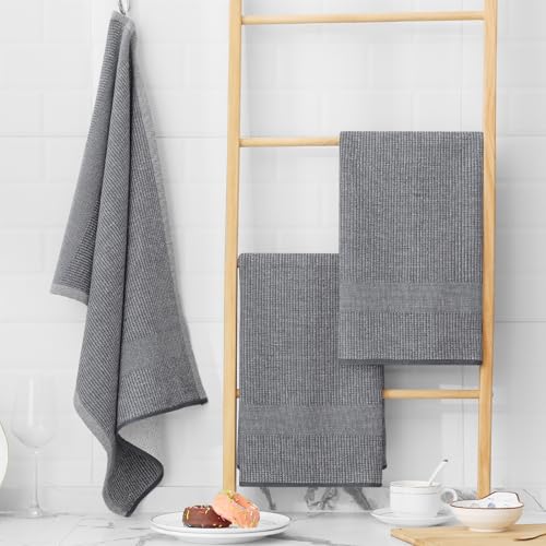 Homaxy Premium Kitchen Towels(18”x 28”, 12 Pack), Large Cotton Kitchen Hand Towels, Flat and Terry Dish Towels, 380 GSM Highly Absorbent Tea Towel Set with Hanging Loop, Grey - color: Grey, style: 12-pack