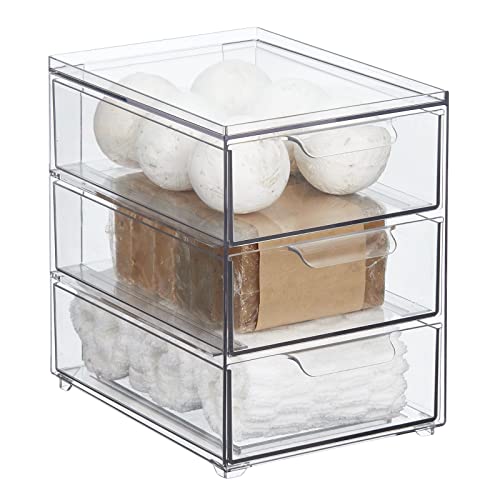 mDesign Plastic Stackable Organizer with 3 Drawers - Pull-Out Drawer Storage Bin for Bathroom Sink/Cabinet Organization - Perfect for Makeup, Small Towels, and More - Lumiere Collection, Clear - size: 8 x 6 x 8 (Pack of 1)