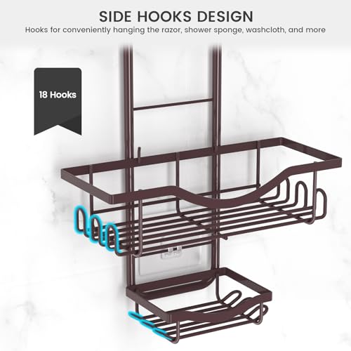 REINHARDT Shower Caddy Hanging Adjustable, Extended Length Rustproof Showers Caddy Over Showerhead with Hooks Soap Holder, Large Capacity Shower Organizer Anti-Swing Bathroom Organizer, Bronze - color: Bronze