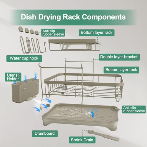 Dish Drying Rack, 2-Tier Dish Drying Rack with Utensil Holder – Large Capacity Auto-Draining Dish Drainer with Drainboard for Kitchen Counter, Grey - color: 2-tier - Grey