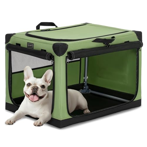 PETSFIT 26" Soft Portable Dog Crate – Patented Spiral Sturdy Frame, Collapsible Travel Kennel for Small Dogs, 3 Mesh Door, Lockable Zippers, Indoor & Car Use Green - color: Green, size: 26.0"L x 19.0"W x 18.0"H