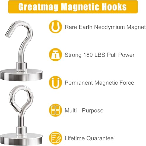 Neodymium Heavy Duty Magnet Hooks, 200 lbs Fishing Magnets 1.65 Inch Magnets with Countersunk Hole (Hook & Eyebolt) Included for Fishing, Workplace, Home (Silver, Pack 6) - size: 6 Pack