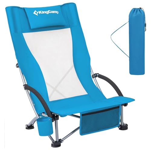 KingCamp Low Beach Chair, High Back Folding Camping Chair for Adults, Oversized Breathable Mesh Seat, 300lbs Heavy Duty Portable Chair with Cup Holder & Storage Pockets for Beach, Outdoor - color: Ergobreeze H Blue